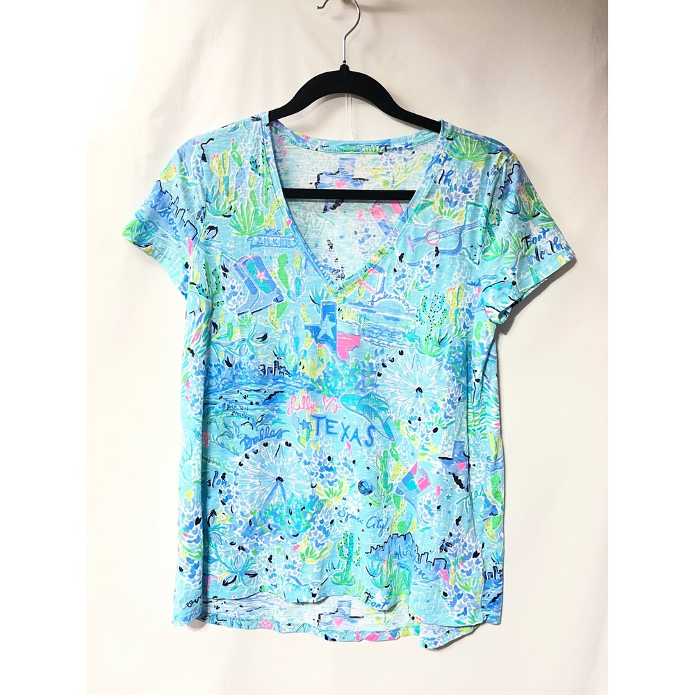 Lilly Pulitzer Etta V-Neck T-Shirt Lilly Loves Texas Blue State Print Large